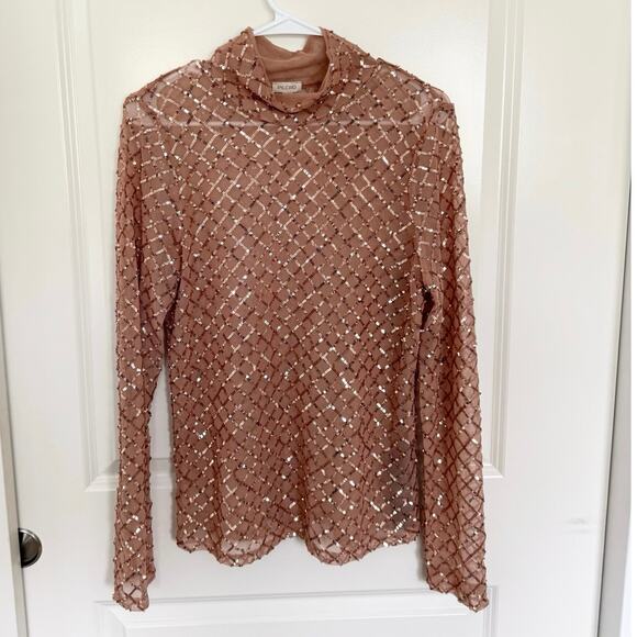 Anthropologie Pilcro Turtleneck Sequin Mesh Top Gold Party Disco Large - Picture 2 of 5